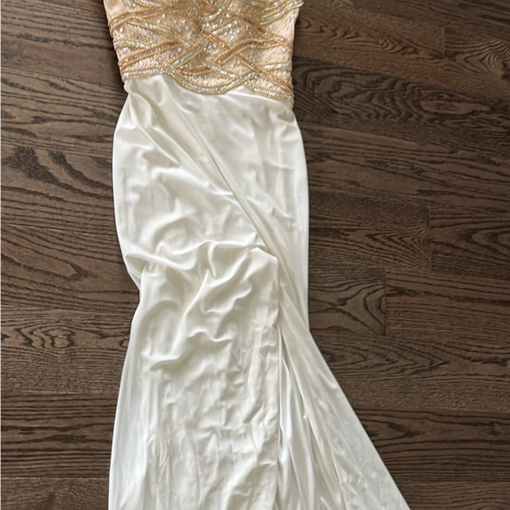 Blush Prom size 2 off-white gown with gold and silver beading
